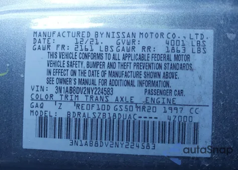 2022 Nissan Sentra Sr Xtronic Cvt из США, поврежденный, VIN 3N1AB8DV2NY224583